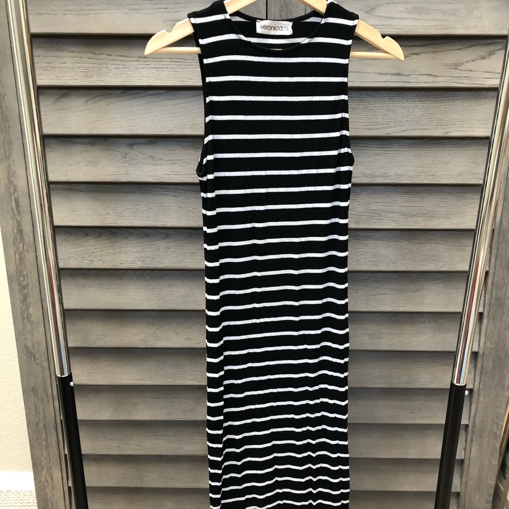 A Veronica M black and white striped maxi